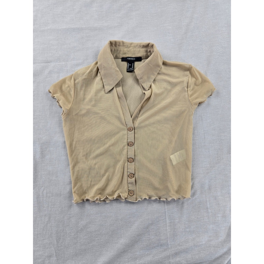 Forever 21 Tan Sheer Mesh Button Up Top Lettuce Edge Short Sleeve Medium